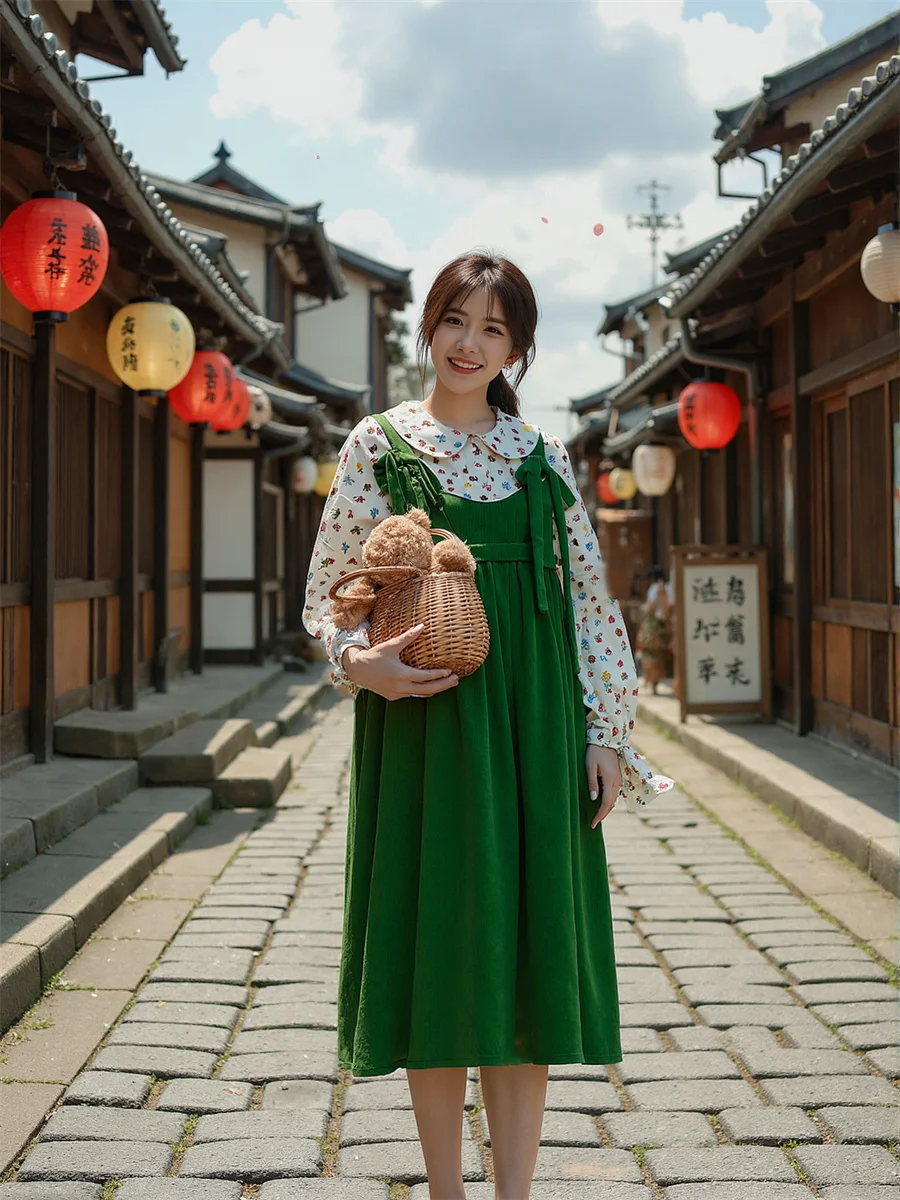 ชุดเดรสผู้หญิงสไตล์ญี่ปุ่นลำลองสีเขียวสำหรับสาวออฟฟิศ ดีไซน์เรียบง่าย ตัดต่อสีไล่ระดับแบบออมเบร หลายสี ลายมัดย้อม