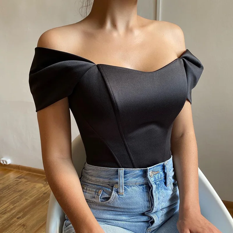 New Women's Champagne Off-Shoulder Corset Top Puff Sleeve Structured Crop Top Formal Party Wear