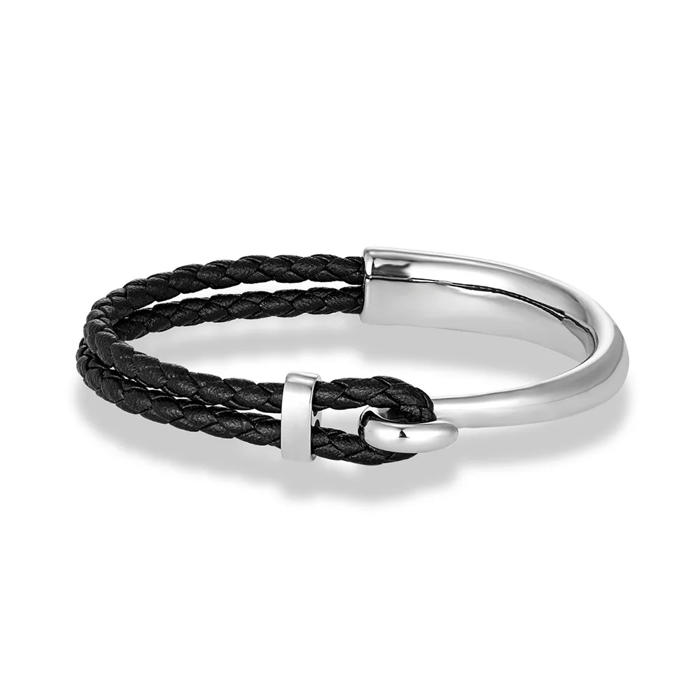 MKENDN Fashion Simple Style Black Braided Leather Bracelet Non-fading Steel Hook Classic Cuff Charm Bracelet for Men Male Gifts