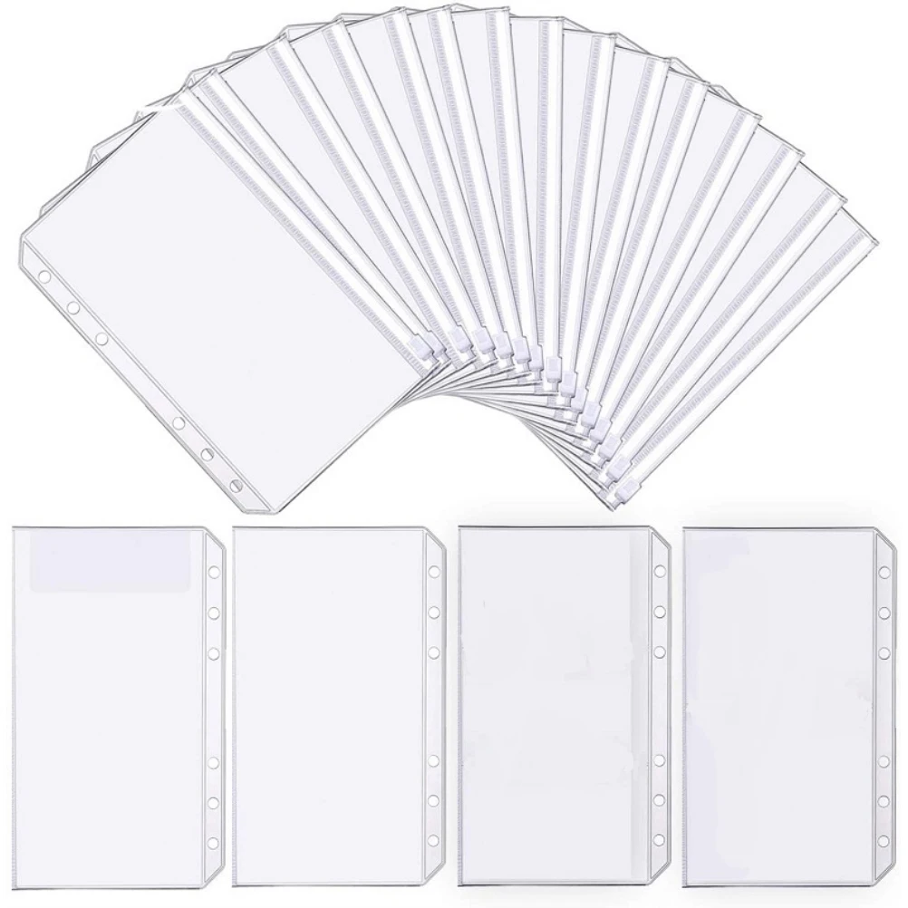 25Pcs A6 Binder Pockets Transparent PVC 6-Hole Binder Pockets Zip Folder Plastic Notebook Budget Envelopes