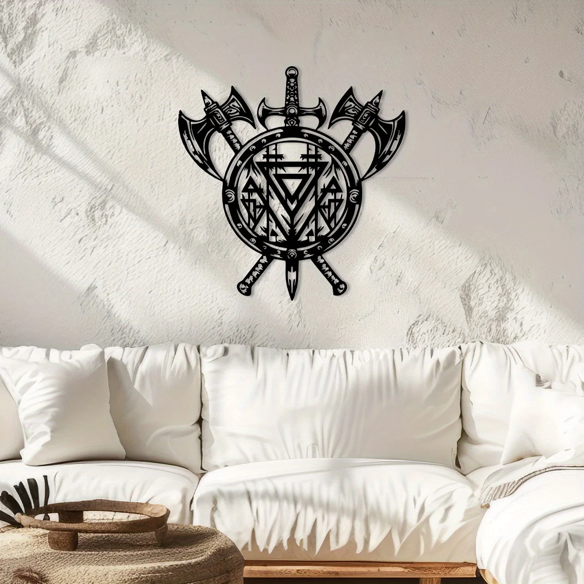 Viking-Inspired Metal Wall Decor: Vegvisir Ax & Shield for Rustic Home Art