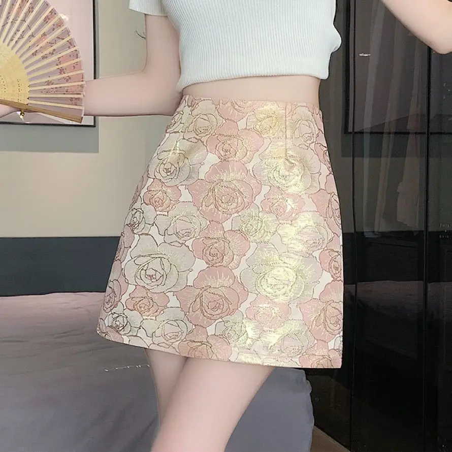 Women's Skirt High Waist Retro Embroidered Female Skirts Short Cheap Chic and Elegant V Quality Aesthetic Streetwear 2025 Trend