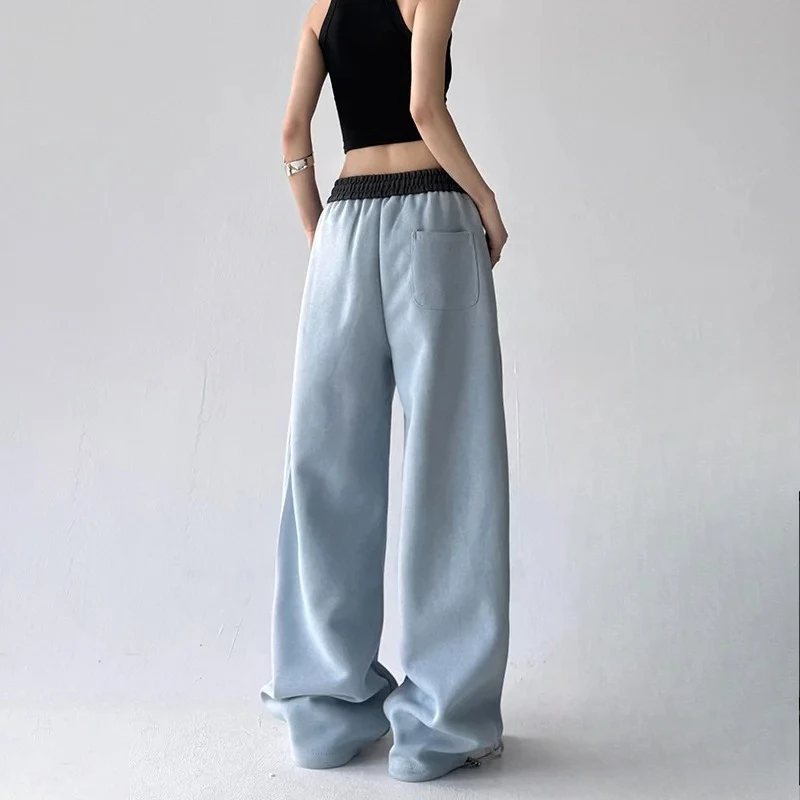 المرأة مرونة الخصر واسعة الساق السراويل عالية الخصر فضفاضة تناسب السراويل المرقعة الشارع نمط عارضة الأزياء #5