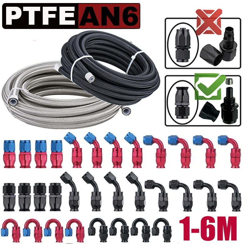 

1~6M AN6 6AN Nylon Stainless Steel Braided PTFE Brake Hose E85 Fuel Oil Cooler Line Engine Pipe Swivel Hose End Fitting Adaptor