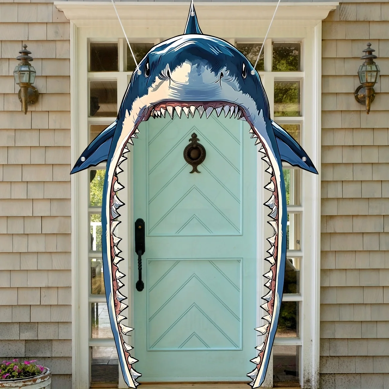 لافتة حفلات بطابع سمك القرش لتزيين باب حفلات القرش، خلفية صورة على شكل حيوانات البحر، غطاء باب القرش لحفلة عيد ميلاد القرش اللطيفة