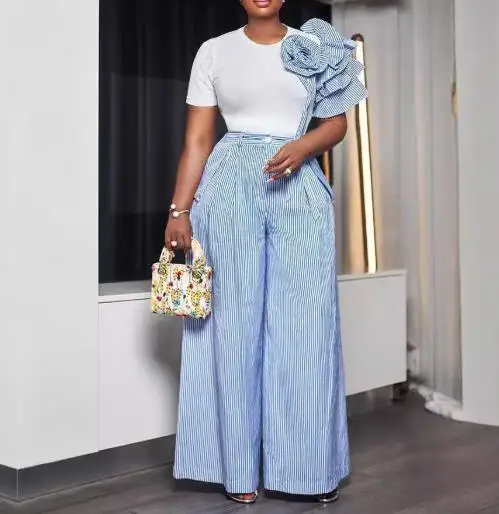 

Two Piece Set Women Outfit 2025 Spring New Floral Decor Round Neck Short Sleeved T-Shirt & Striped High Waist Wide Leg Pants Set