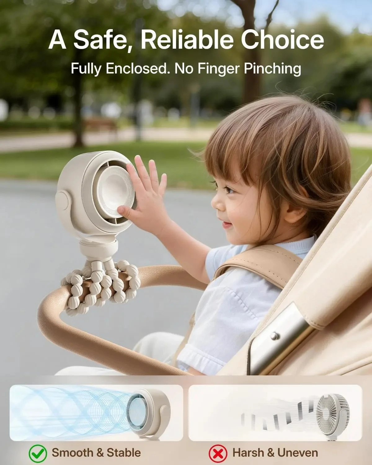 Car Portable Stroller Fan, Pinch-Proof Baby Fan, 10H Battery, 5-Speed Quiet Mini Clip On Fan, USB-C Rechargeable With LED