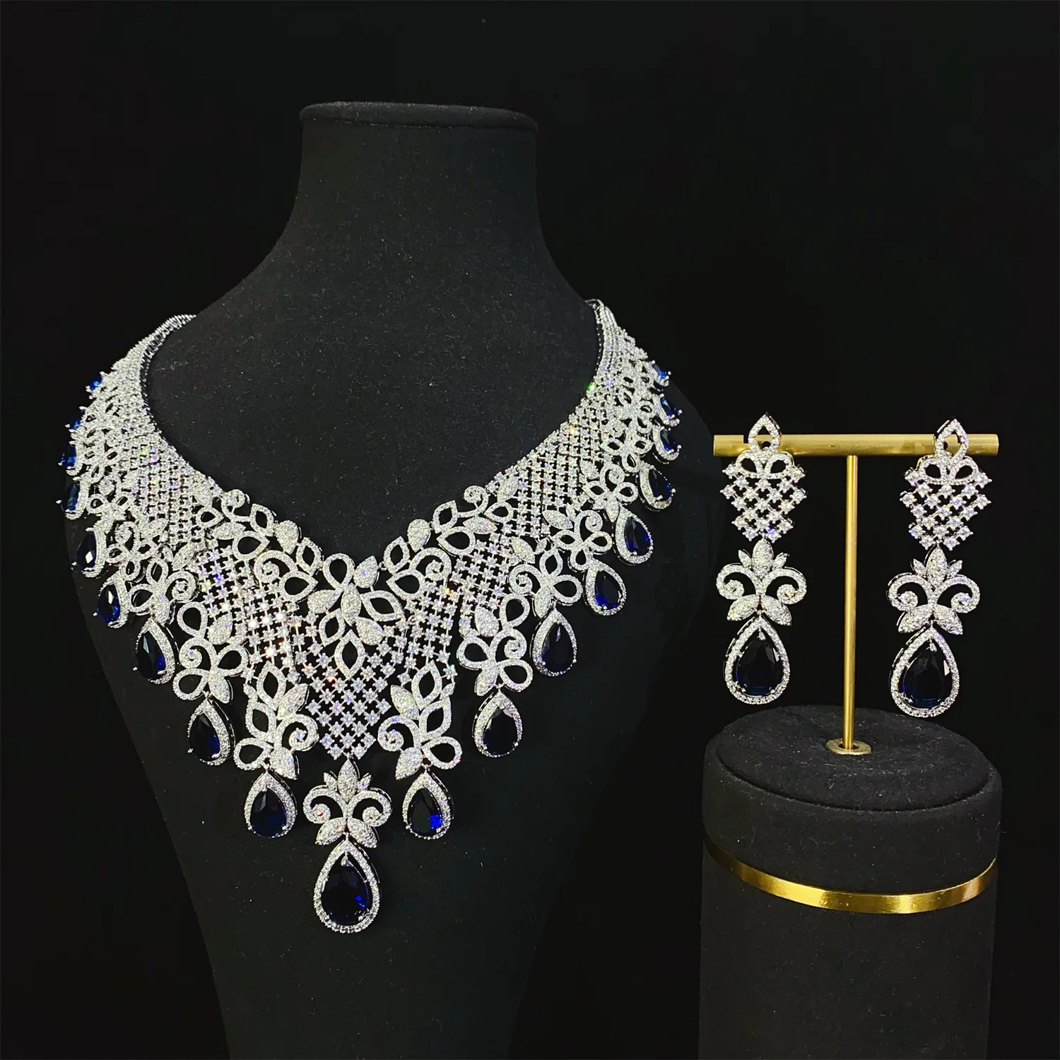 Luxury Red Cubic Zirconia  Necklace & Earrings Set Elegant Bridal Jewelry