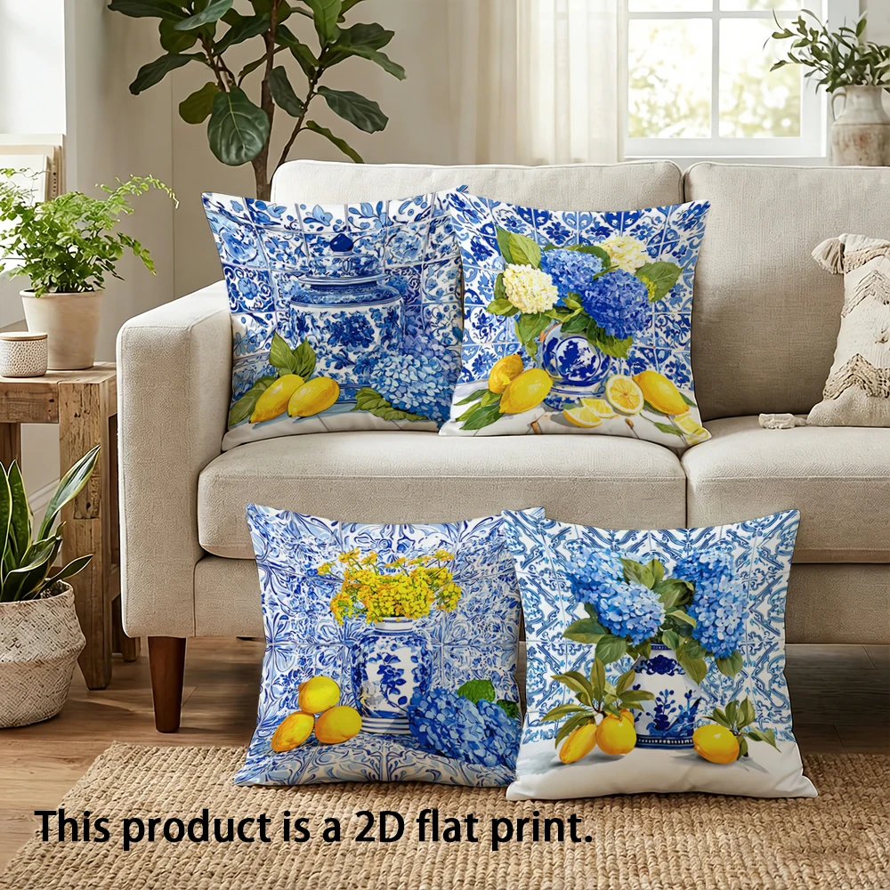 1pc  Chinoiserie Blue and White Hydrangea Lemon Throw Pillow Covers