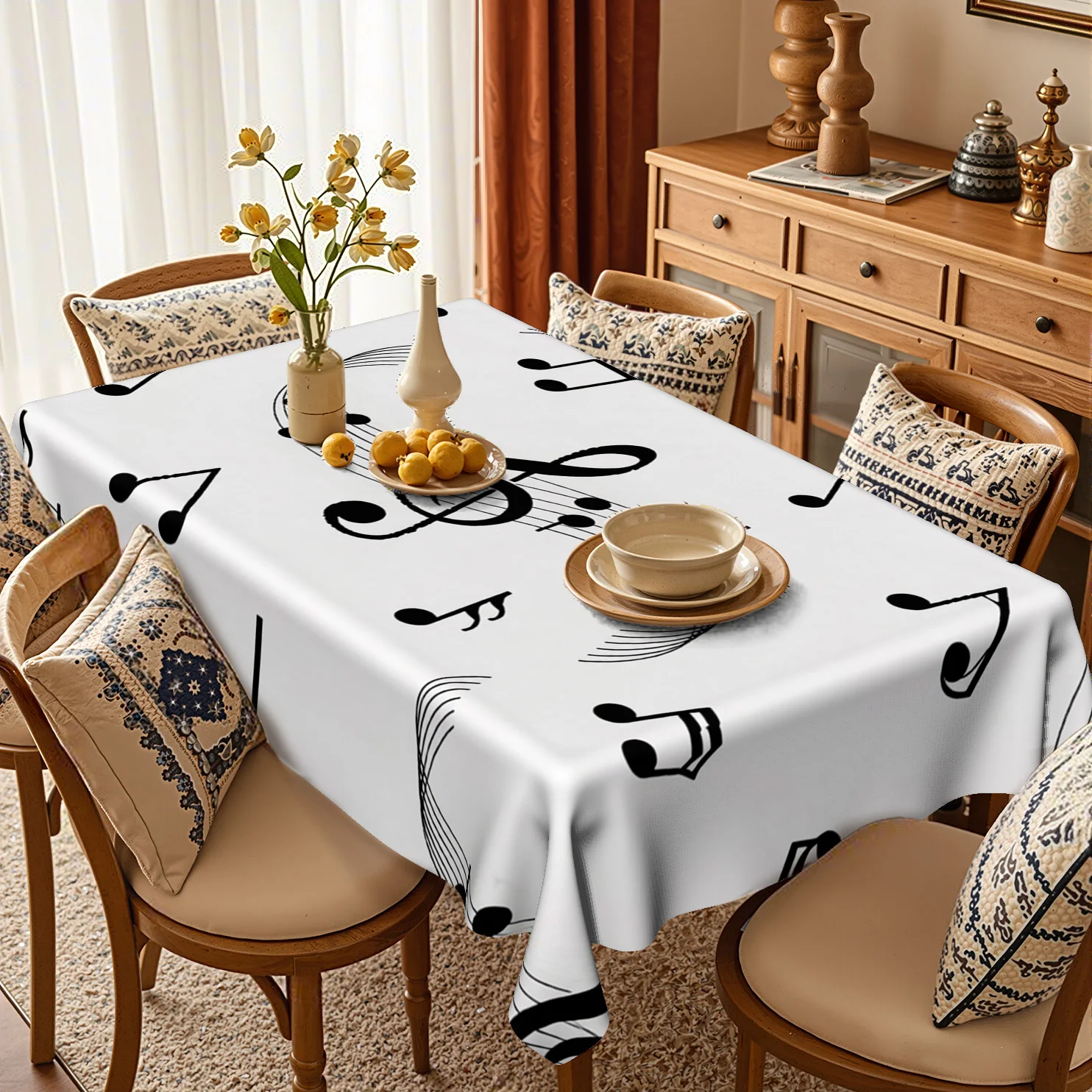 One rectangular tablecloth, modern home decoration white tablecloth, black musical element printed patternxzj