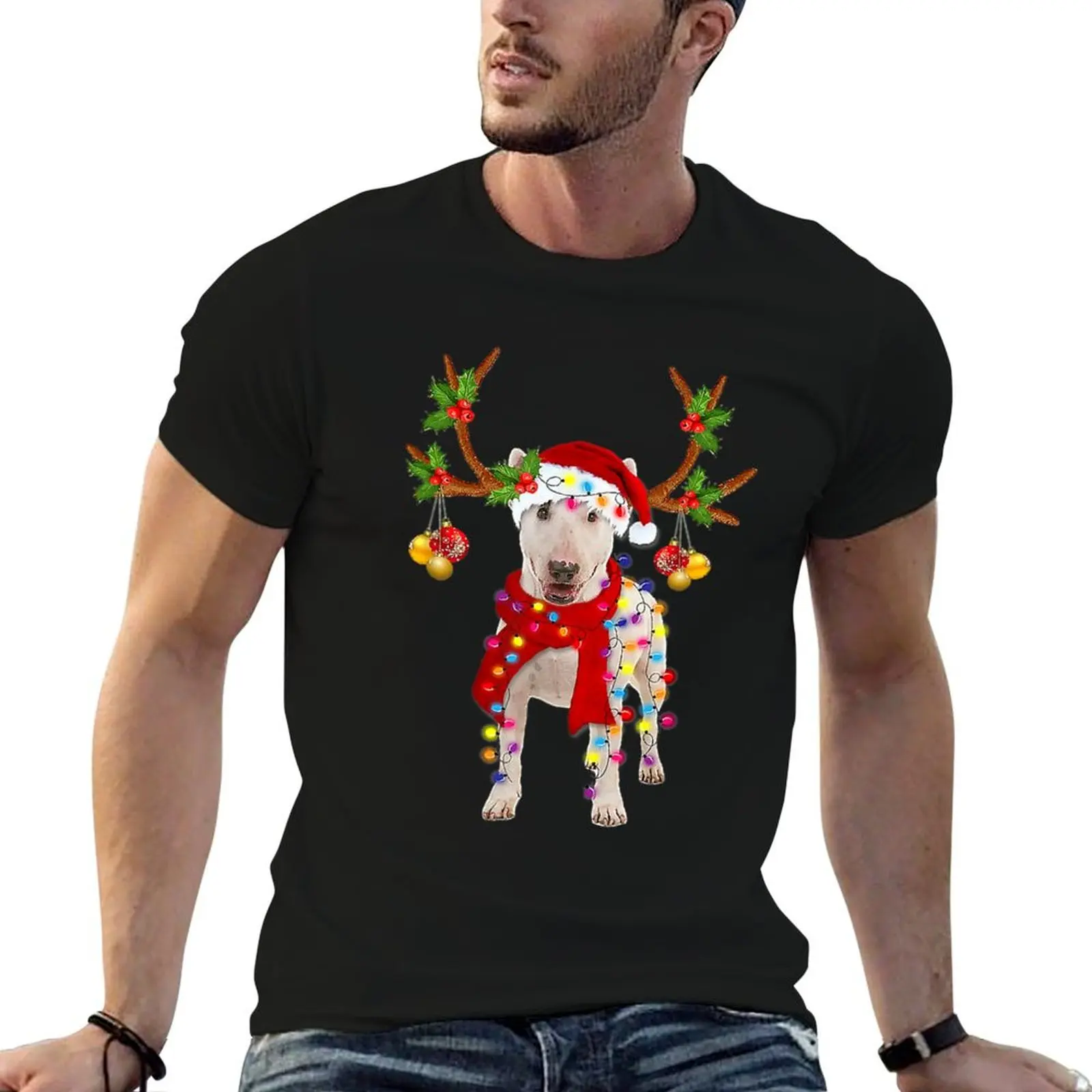 Bull Terrier Gorgeous Reindeer Christmas Tree Light Xmas196 T-Shirt quick drying graphic t shirt vintage black t shirts for men