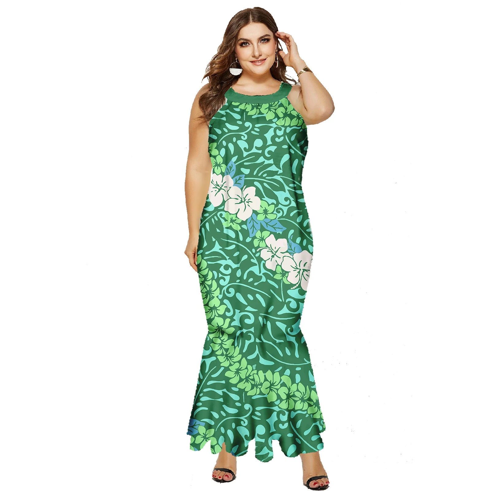 Alta qualidade dupla camada plissado manga fishtail vestido novo design polinésia tribal magro-ajuste sereia vestido