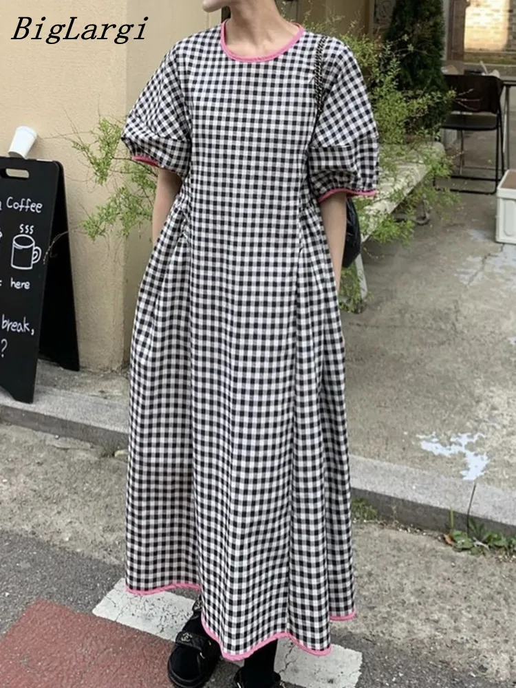 

Summer Vintage Elegant Pleated Plaid Dress Women Casual Korean Modis Long Ladies Dresses Vestidos Largos 2023