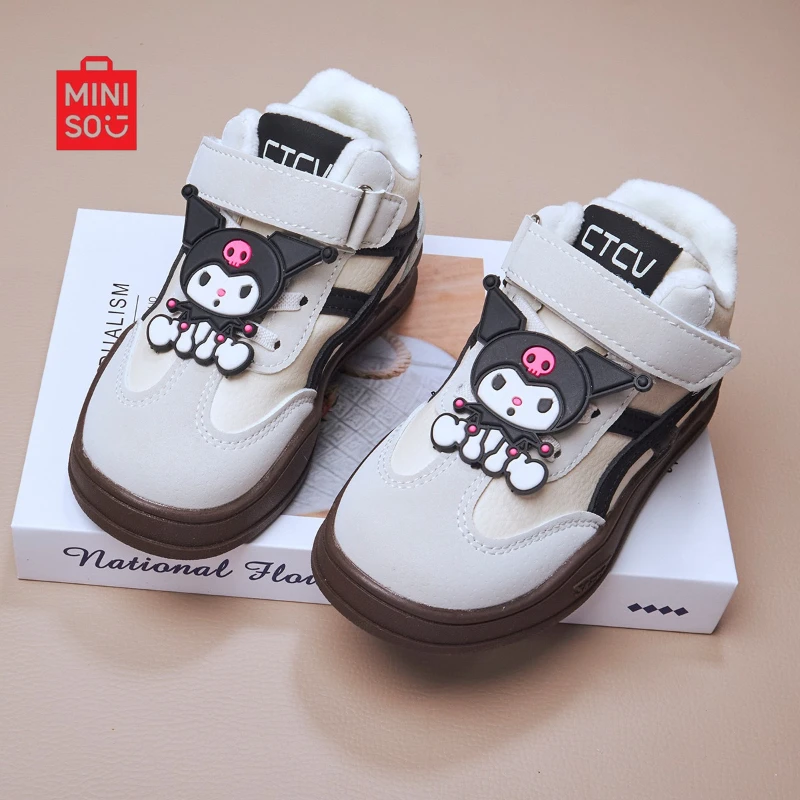 

Обувь для девочек Miniso 2025 Kuromi & Hello Kitty, повседневные кроссовки на липучке на флисовой подкладке для детей, зимняя мода