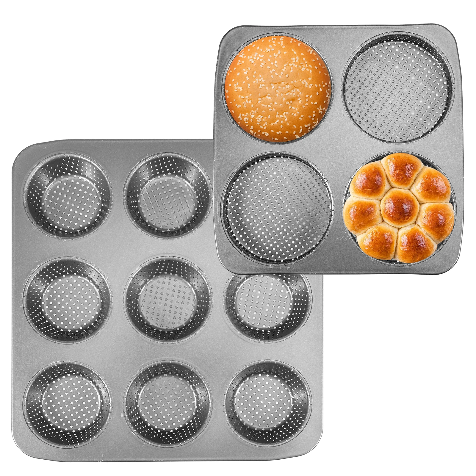 

2Pcs Hamburger Bun Pan 4/9 Cavity Non Stick Burger Buns Baking Mould Carbon Steel Bread Pans for Meat Pie Mini Pizza for Baking