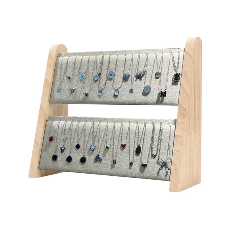 

2-Tier Wooden Necklace Rack Jewelry Tower Showcase Tray with Multifunctional Pendant and Organizer Necklace Display Stand Holder