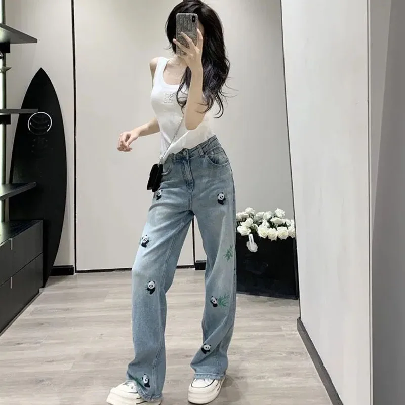 

Chinese Style Embroidered Panda Wide Leg Jeans Pants Women High-waisted Slim Loose Denim Trousers Girl Casual Trendy Pants