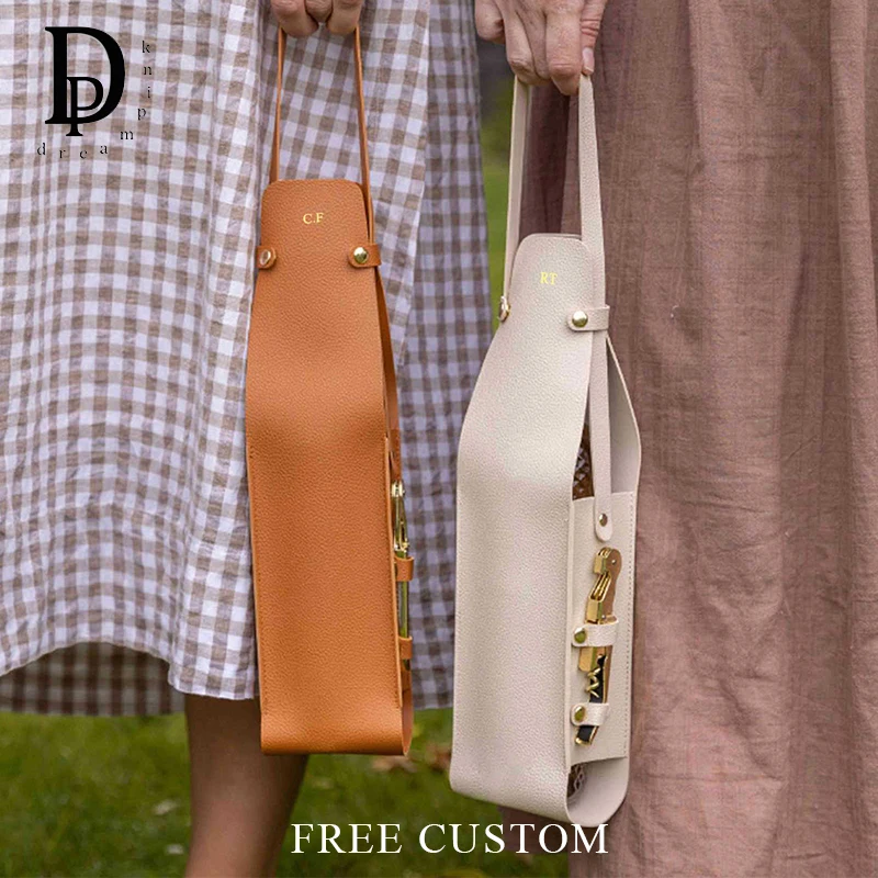 Custom Initials PU Leather Portable Wine Bag Luxury Simple Vintage Winery Package Engrave Name Wholesale Bottle Storage Bag Gift