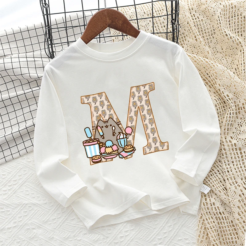 Cute Cat Pusheens Kids Spring Long Sleeve T-Shirt Letters A-Z Anime Print Tees Girl O-Neck Thin Tops Toddler Kawaii Clothes Gift