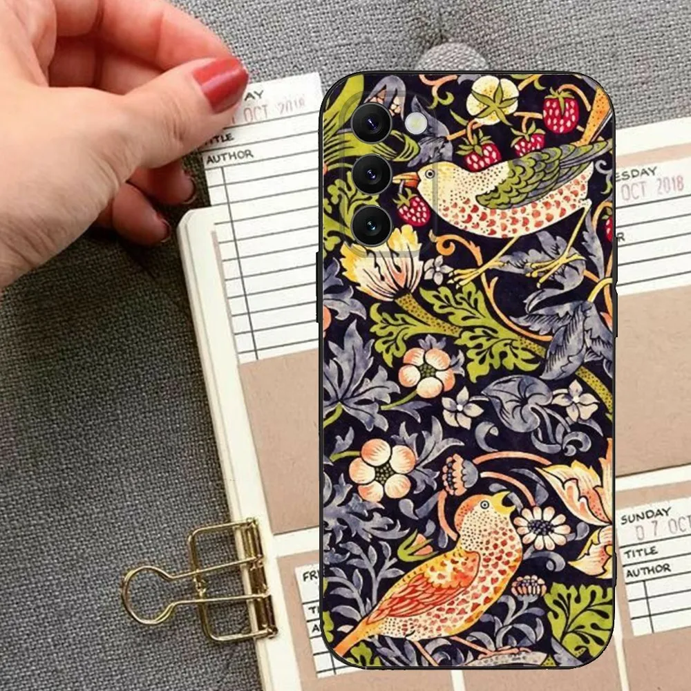 William Morris Strawberry Thief Phone Case For Samsung Galaxy A13,A21s,A22,A31,A32,A52,A53,A71,A80,A91 Soft Black Cover