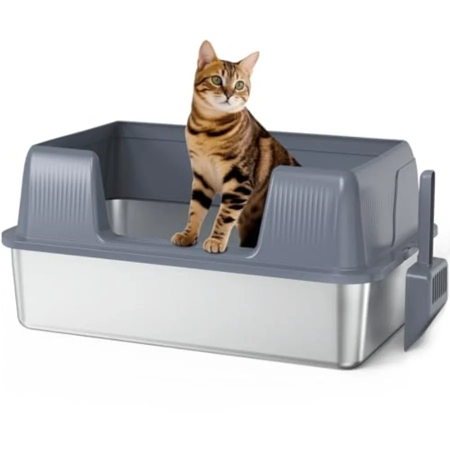 

Stainless Steel Cat Litter Box XL Extra Large Semi-Enclosed Metal Pan with Side Entry Scoop Included Open Top Potty for Indoor