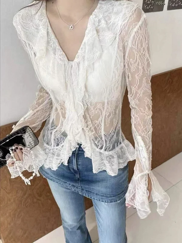 

Ele Lace See-tough Bell Sve irt Slimming Waist Design French Sle Women's Summer Faion Small Size Friendly Blouse