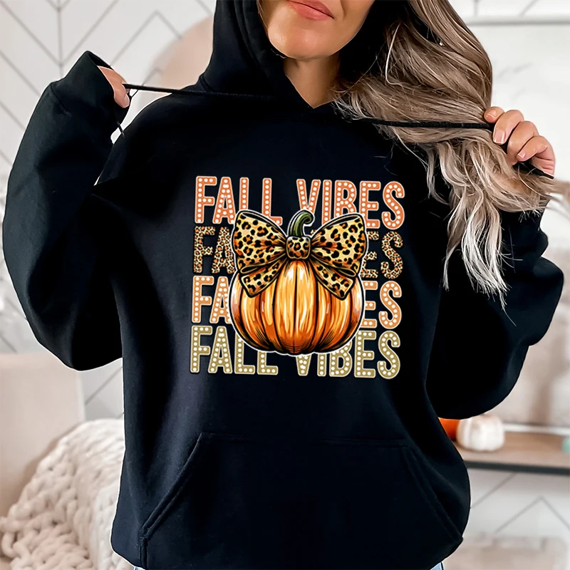 

Fashion Fall Vibes Pumpkin Leopard Bow Print Hoodies Autumn And Winter Long Sleeve Hooded Tops Casual Pullover Women Sweatshirts