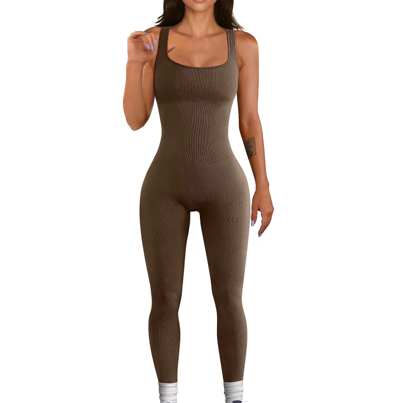 Dames Mouwloze Tank Topsuit Jumpsuit Met Schroefdraad Vierkante Hals Lift Heup Slanke Sexy Jumpsuit Bruine Bodysuit Witte Jumpsuits