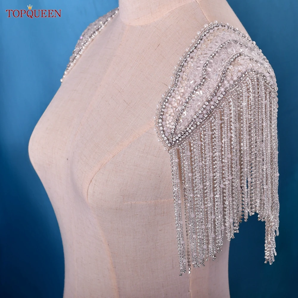 TOPQUEEN SP65 Sew 3D Tassels Rhinestones Beaded Patch Epaulettes Clothes Dress Gown Accessories with Chain Shoulder Knot Luxury