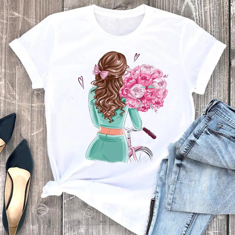 New Women T Shirt Fashion Flower Girl Print T Shirt Female Short Sleeve Summer Tops Ladies Cute Graphic Tee Shirts Woman T-shirt