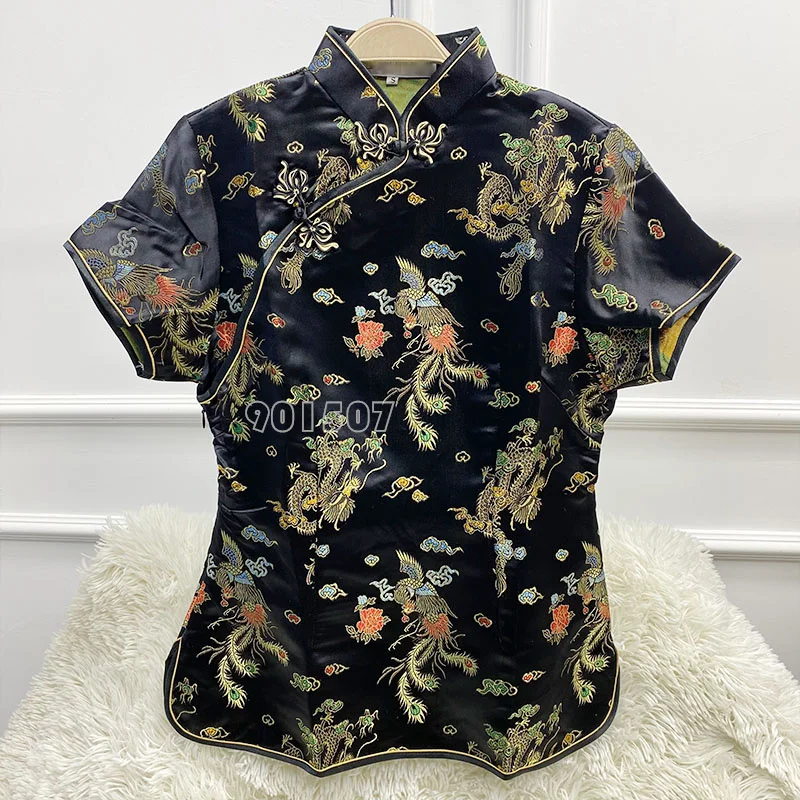 New Jacquard Flower Tang Clothes Women Fashion Qipao Top Vintage Improved Cheongsams Satin Shirt Tops Button Down Wear Plussize