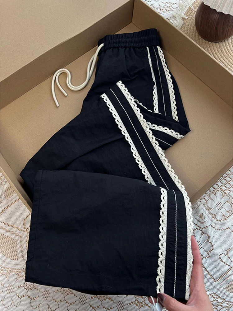 

Black elastic waist lace casual pants for women in summer thin quick drying Harajuku Fashion loose straight leg pants