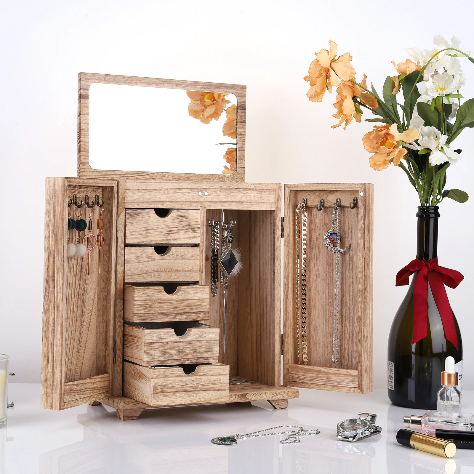 

Wood Jewelry Box Large Jewelry Organizer Box with Drawers & Mirror Jewelry Display Box Vintage Style for Necklaces Earrings