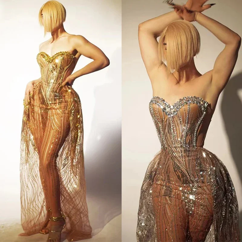 

Gold Silver Diamond Sequins Party Dress Women Celebrate Gogo Costume Singer Evening Dresses Ds Dj Stage Festival Outfits XS8299