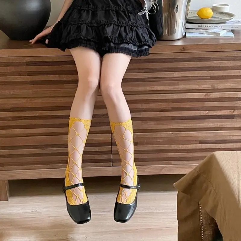 195E 女性ガール夏靴下包帯中空網タイツ膝丈固体ストッキング