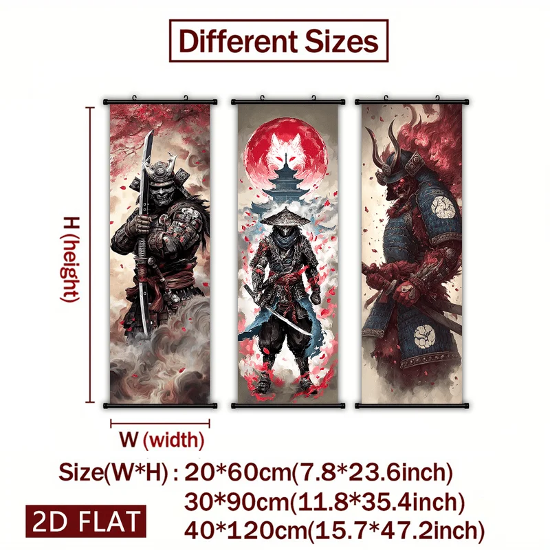 VIKAMA Japanese Samurai Scroll Tapestry, Ghost Face Armor Hanging Poster, Gothic Wall Art for Living Room Decor