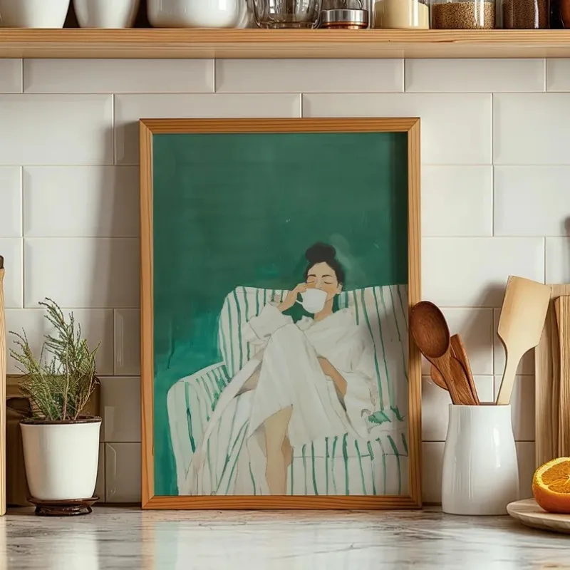 1pc frameless Canvas Painting Emerald Green Abstract Stripe Woman Poster Modern Artwork Minimalist Female Canvas Painting Wall A