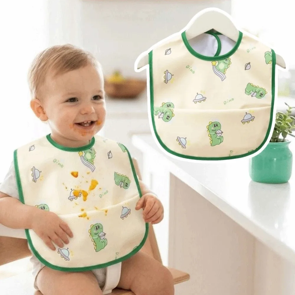 Practical Cartoon Baby Feeding Bib Adjustable Breathable Toddlers Feeding Apron Large Pocket Lightweight Baby Apron Mealtime