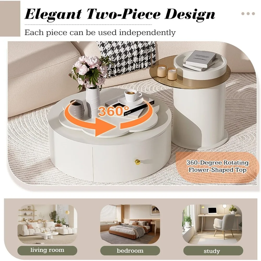 Modern Round Coffee Tables Set with Glass Top, 2 Drawers, 360-Degree Rotatable Living Room Center Tables