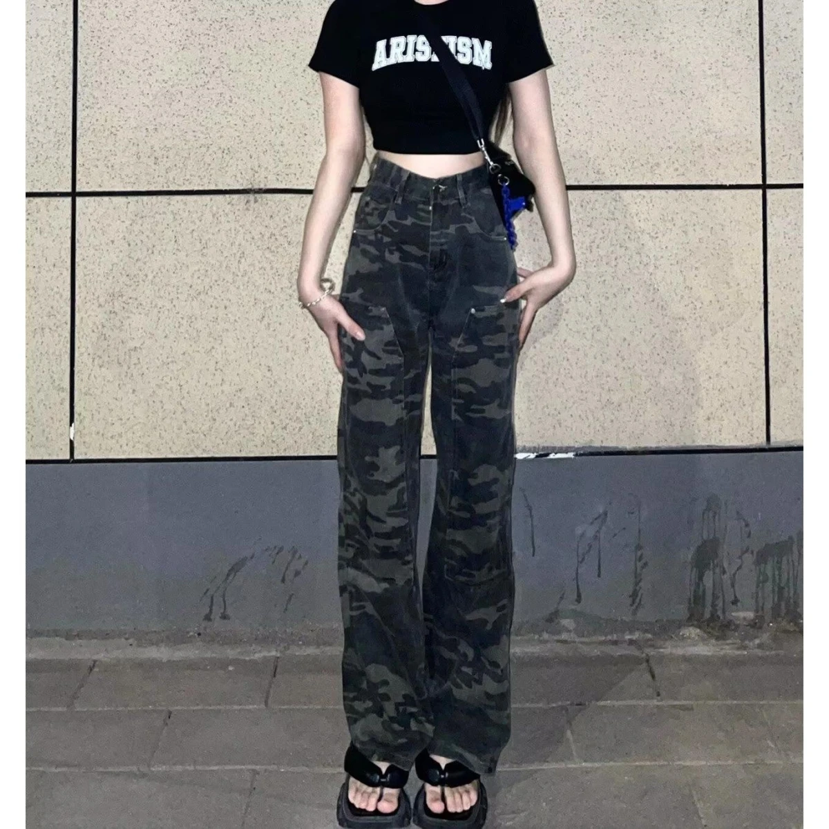 

Женские камуфляжные широкие джинсы больших размеров с высокой талией, повседневные свободные похудение в стиле хип-хоп, спортивная рабочая одежда в стиле милитари, джинсовая одежда