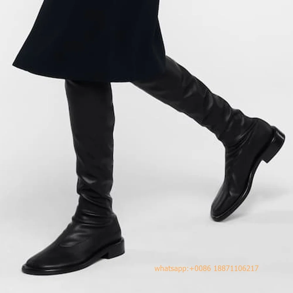 

Genuine Leather Sexy Ladies Boots Autumn New Street Model Round Low Heel Over Knee Stretch Boots Fashion Casual Knight Boots