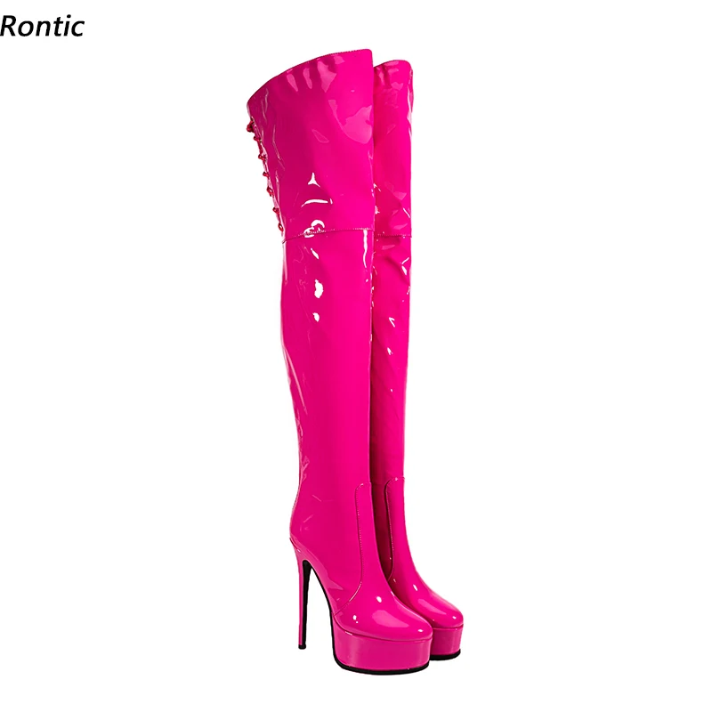 

Rontic Women Winter Thigh Boots Platform Patent Leather Thin High Heel Round Toe Pretty Fuchsia Street Shoes Ladies US Size 5-16