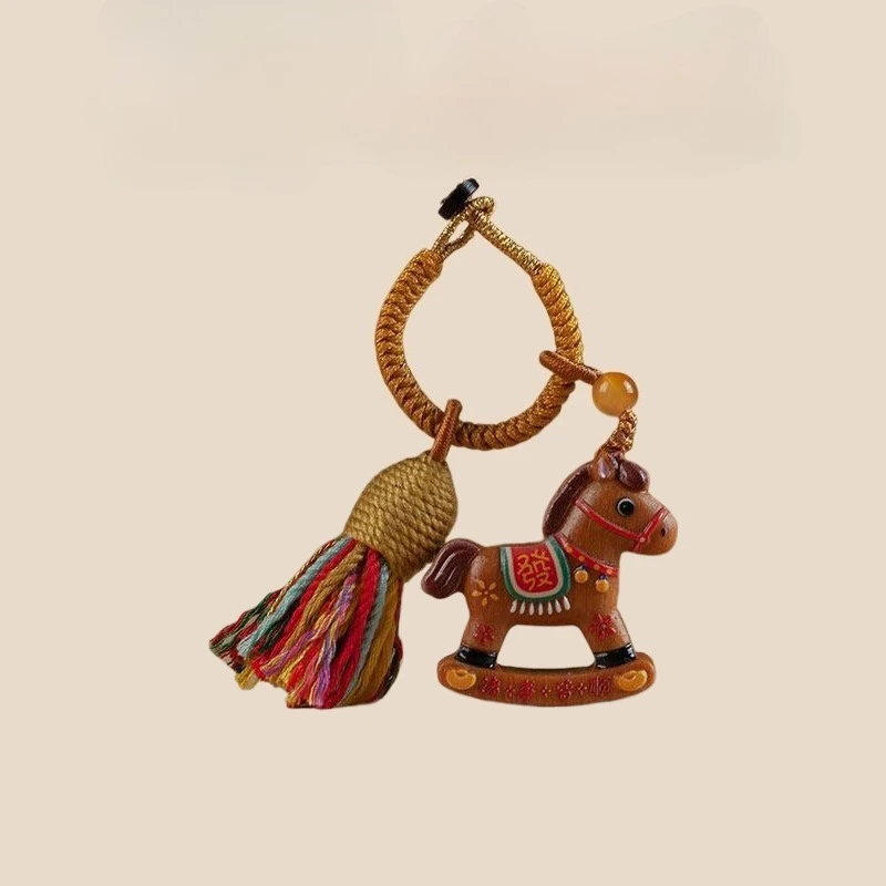 Creative Wooden Animal Pendent Painted Yellow Sandalwood Zodiac Horse Keychain With Tassel, Wooden Bag Charm For Year Of Horse
