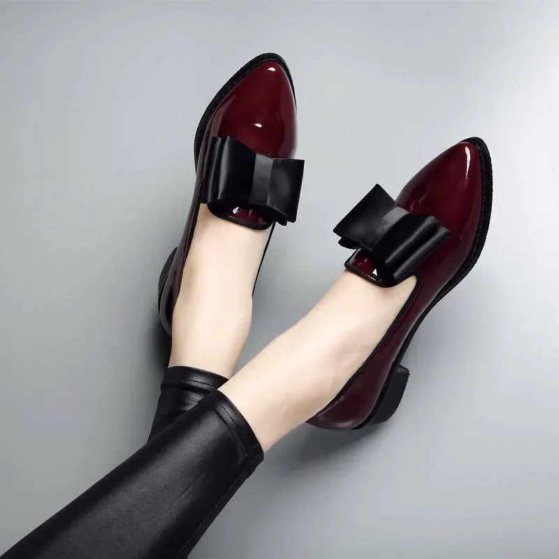 Bow Women Flats Shoes Patent Leather Ballerina Shoes Low Heels Female Loafers Pointed Toe Dress Woman Thick Heel Shoes Zapatos