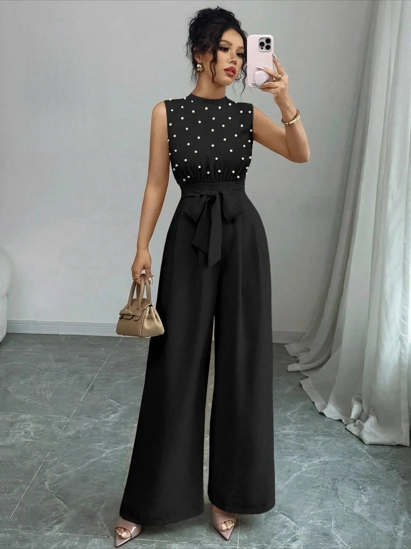 

Ele Bla Polka Dot round Ne Wide Leg Jumpsuit Women's Long Pants Suit Commute Sle Polyester Fiber mid Waist