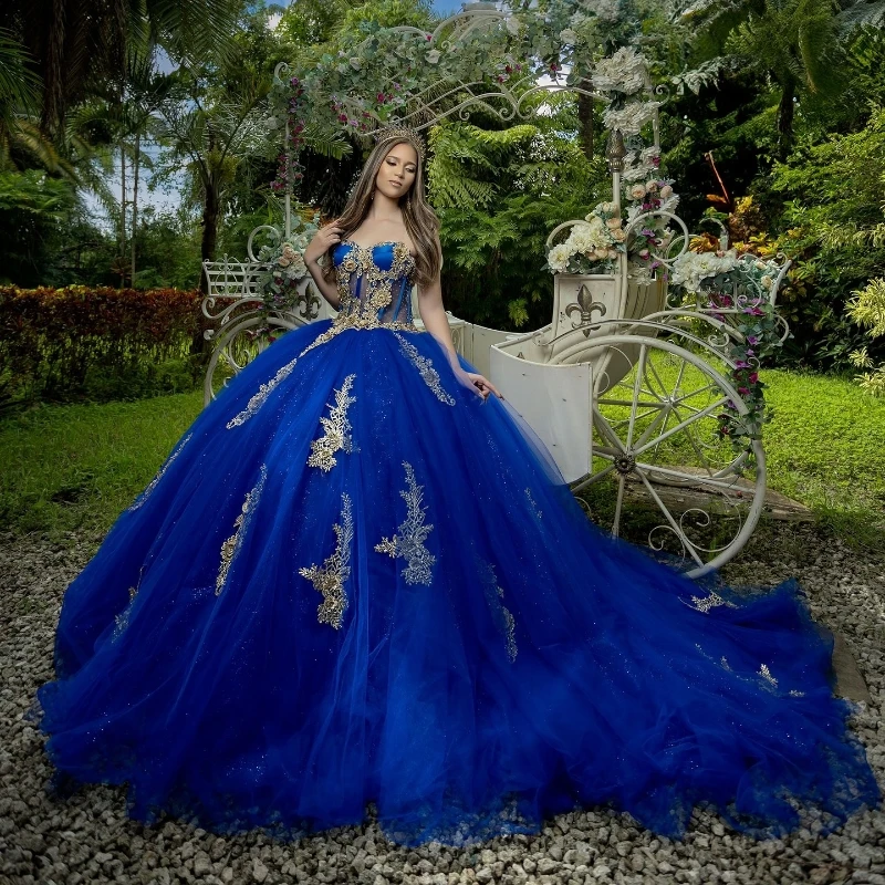 

Royal Blue Ball Gown Quinceanera Dresses Off Shoulder Sweet 15 Dress Birthday Party Applique Lace Beads Tull Corset Vestidos 15