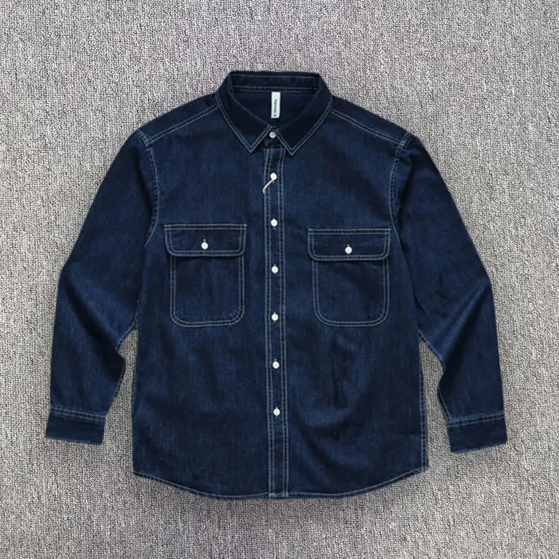 Spring And Autumn Men\'s Denim Long Sleeved Shirt With Double Pockets American Work Style Loose Fitting Washed Denim Shirt Jacket