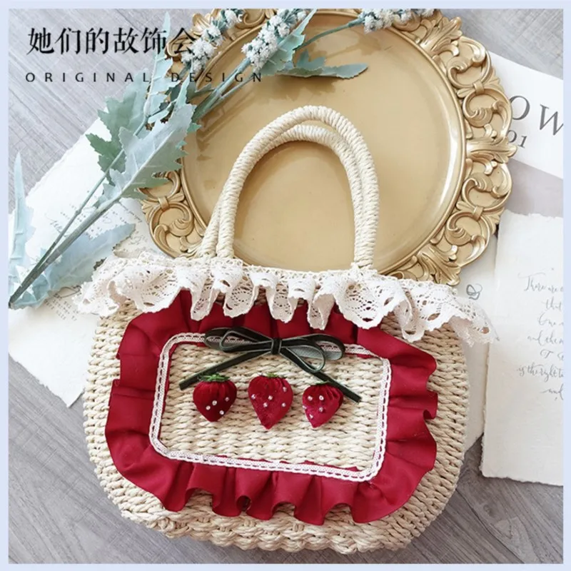 

Lolita Strawberry Red Cute Woven Bag Women 2025 Harajuku Sweet Lace Chic Hand Bag Female Vintage Straw Bag Handbag Сумка Женская