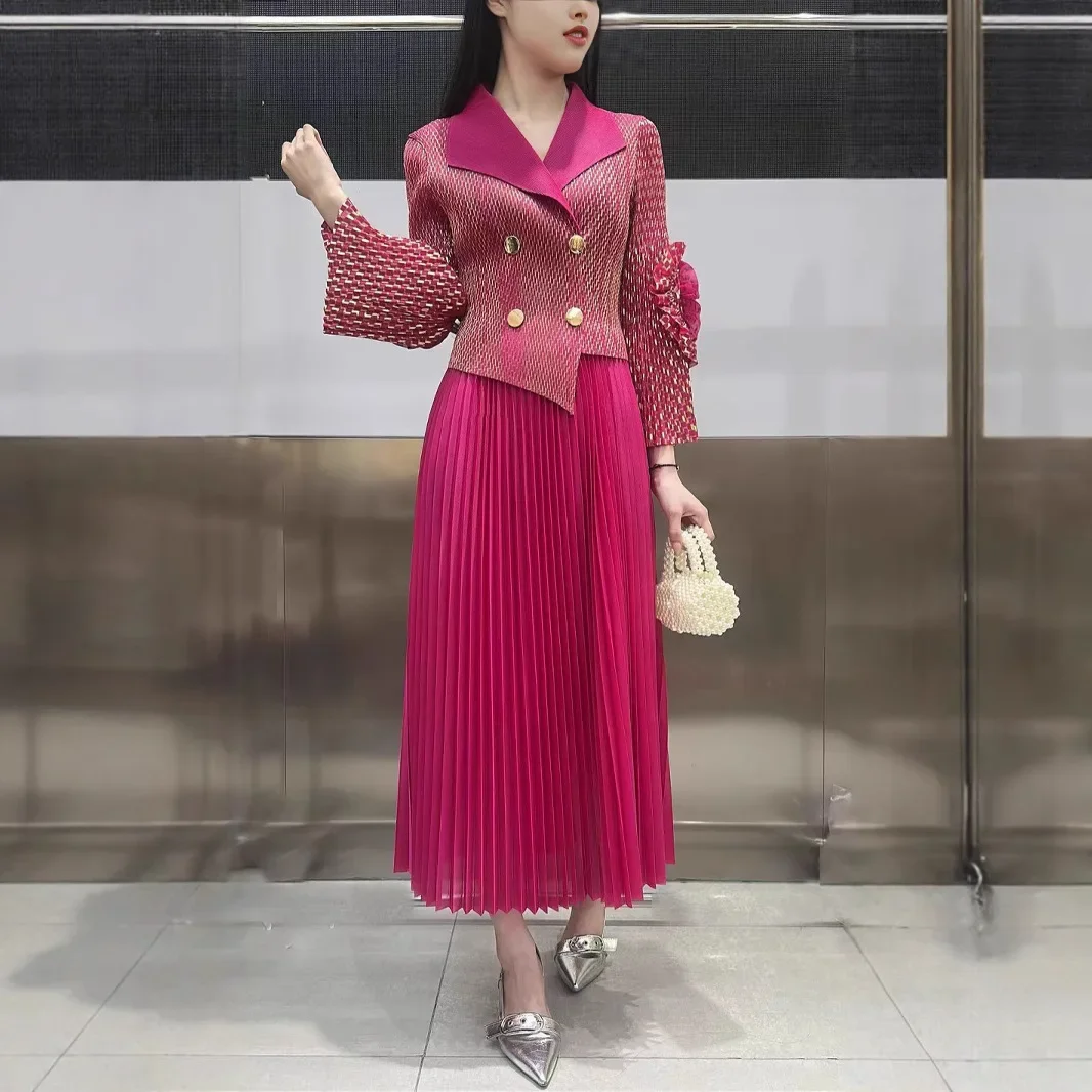 

Плиссированное платье Miyake для женщин, новинка 2025 года, искусственная двухсекционная свободная плиссированная юбка с цветочным принтом и воротником костюма с длинными рукавами