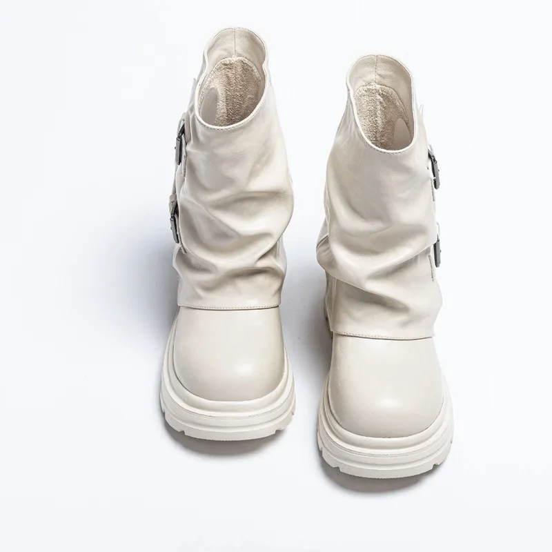 AUTUSPIN 12cm Chunky Boots Women Winter Autumn Retro Classic Genuine Leather Wedge Hidden Heel Booies Popular Street Footwear - Image 4